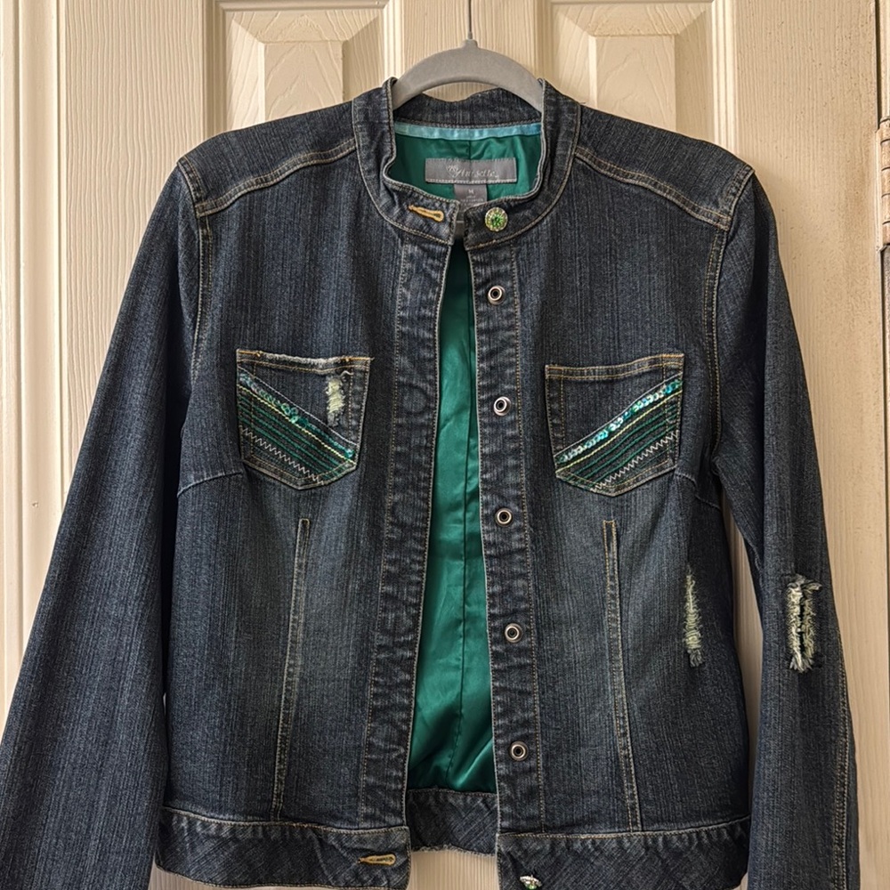 #2 Blue and Green Jean Jacket with Distressed Look